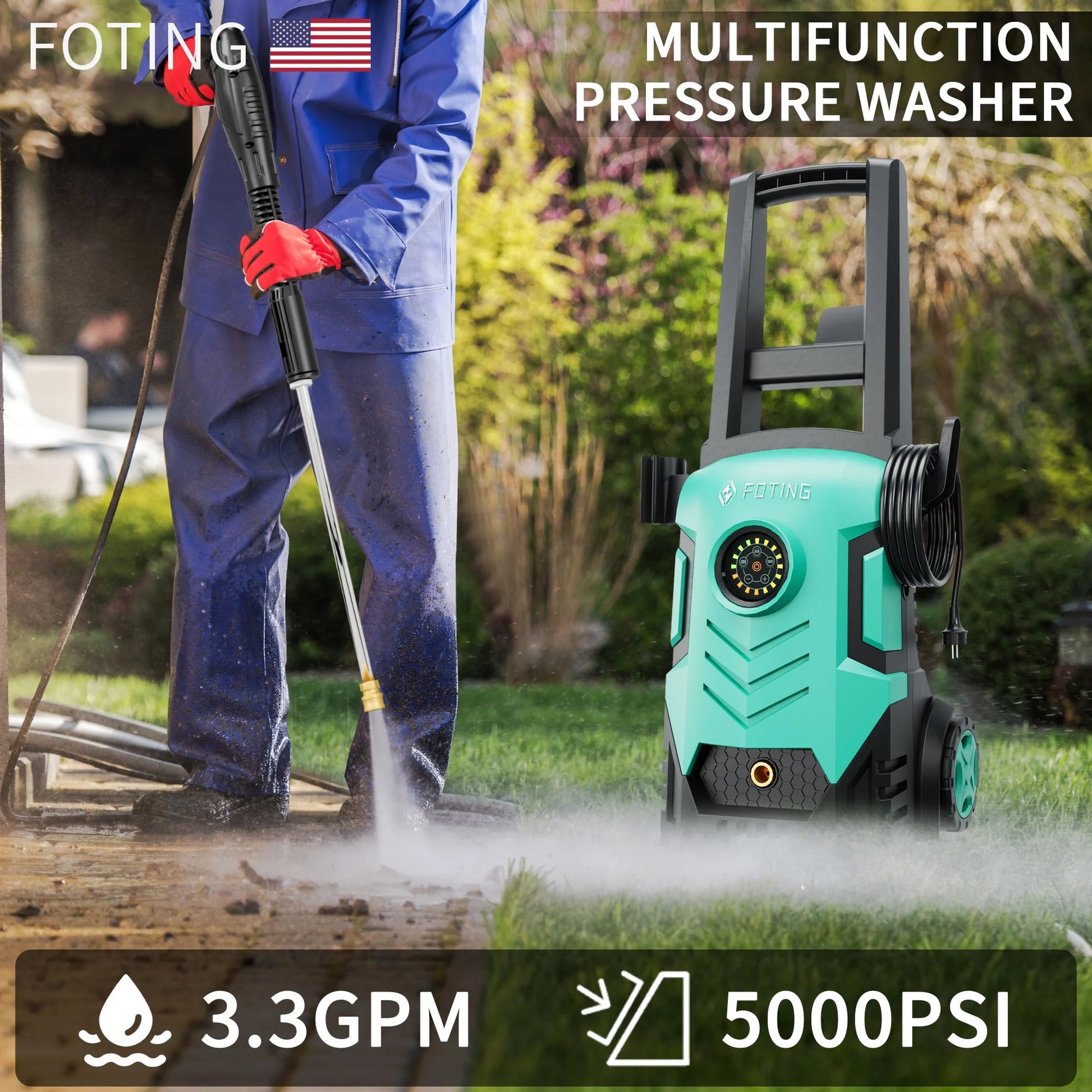 2025upgraded Electric Pressure Washer with Touch Screen, 5000PSI Max 3.3GPM��Adjustable 8 Level,4 Quick Connect Nozzles, Inlet Hose & Filter& Foam Cannon for Cars/Fences/Driveways/Home Cleaning
