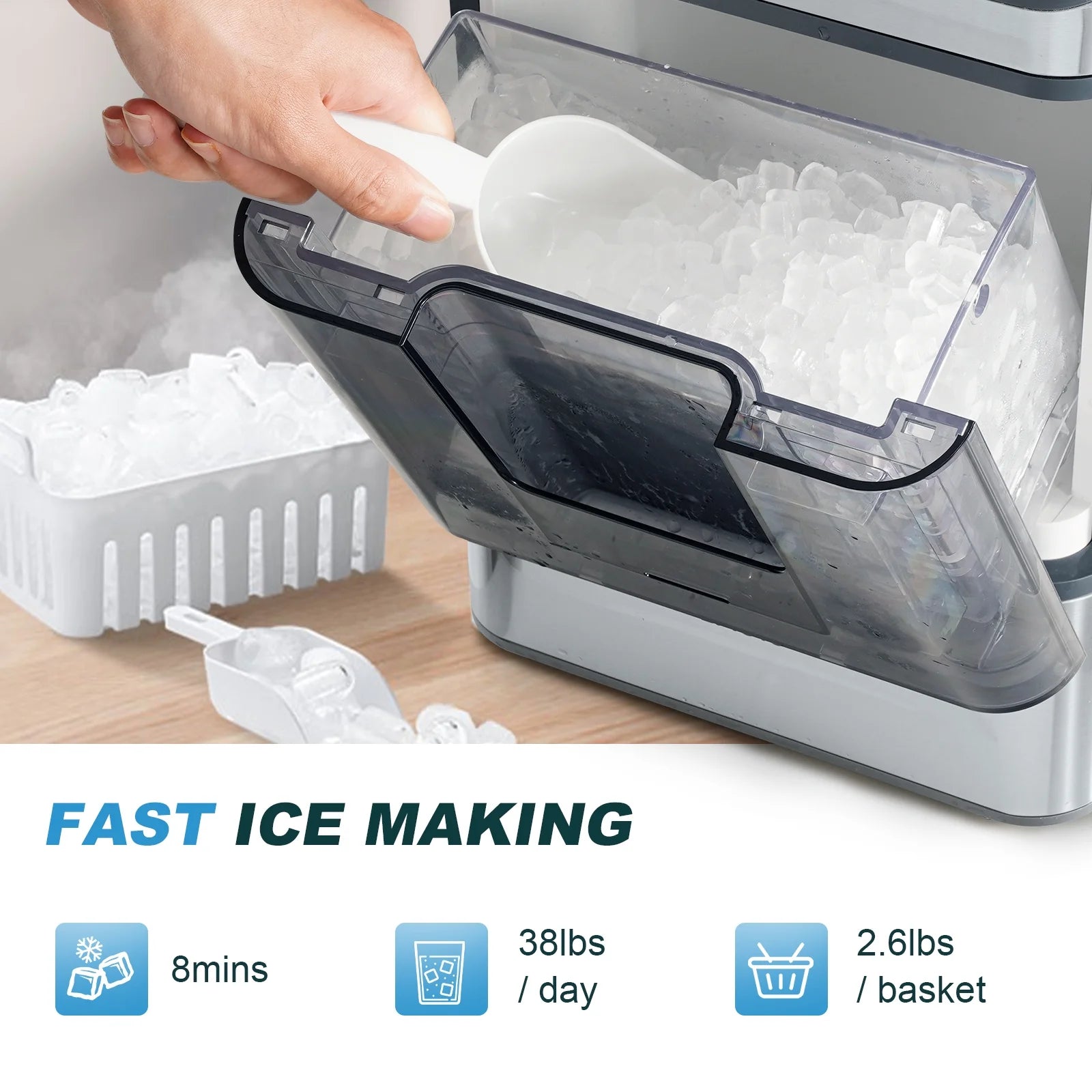 TEKAMON Nugget Ice Maker Countertop, 41lbs/24H, Soft Chewable Pellet Touchscreen Ice Maker with Self-Cleaning Function for Kitchens, Offices, Home