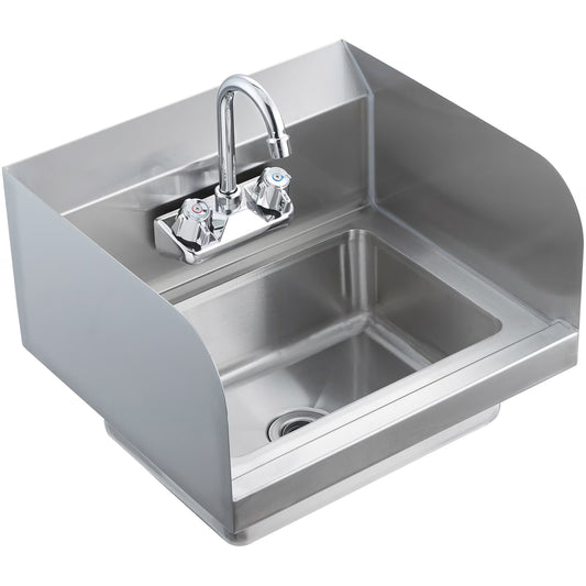 KFFKFF Industrial Hand Basin with Tap and Side Guard, Steel Basin for Cleaning, Compact Hand Cleaning Basin, Wall-Fitted Washbasin for Diner, Garage and Residence, 17x12.8 inch