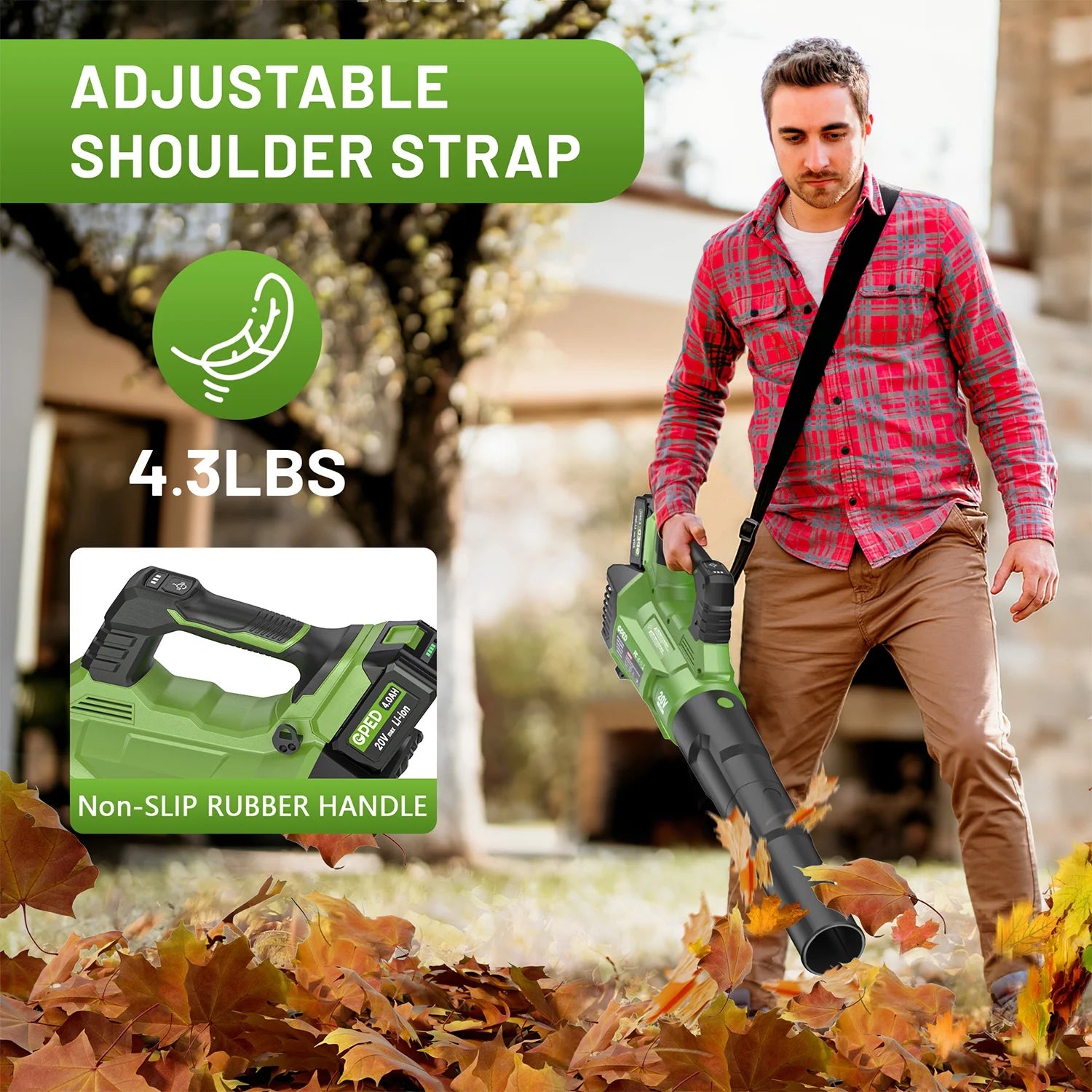 GPED Leaf Blower, 3 Speed Adjustment Electric Cordless Leaf Blower with 2 x 4.0Ah Batteries, Charger, Shoulder Strap, 580CFM/160MPH, Ideal for Patio Cleaning, Lawn Care, Blowing Leaves, Green
