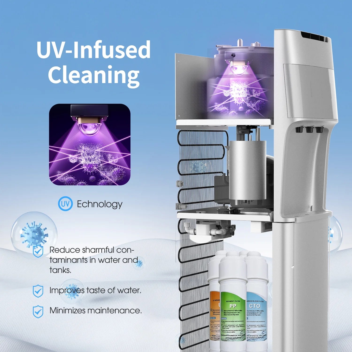 IKT Self Cleaning Bottleless Water Cooler Dispenser with 4 Stage Water Filter 3 Temperature Settings Silver