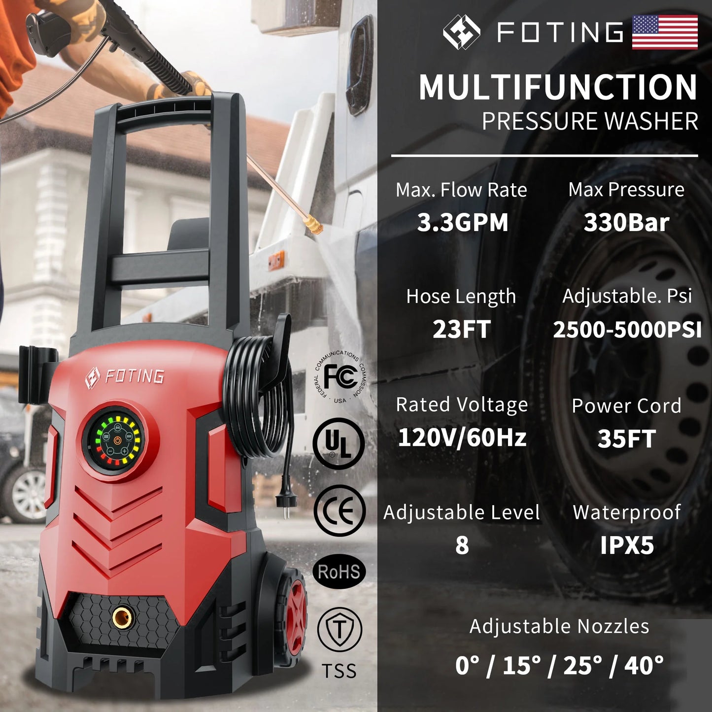 2025upgraded Electric Pressure Washer with Touch Screen, 5000PSI Max 3.3GPM��Adjustable 8 Level,4 Quick Connect Nozzles, Inlet Hose & Filter& Foam Cannon for Cars/Fences/Driveways/Home Cleaning