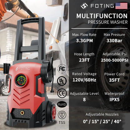 2025upgraded Electric Pressure Washer with Touch Screen, 5000PSI Max 3.3GPM��Adjustable 8 Level,4 Quick Connect Nozzles, Inlet Hose & Filter& Foam Cannon for Cars/Fences/Driveways/Home Cleaning