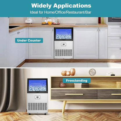 Ice Maker Machine 100lbs/24H Auto Self-Cleaning LED Digital Display Blue Light Under Counter Freestanding