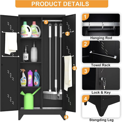 Metal Storage Cabinet with Locking Doors & Shelves, Outdoor Storage, Heavy Duty Cleaning Tool Organizer for Garage, Office, Warehouse