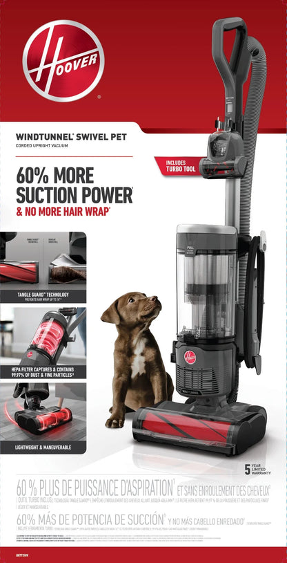 Hoover Windtunnel Swivel Pet Bagless Upright Vacuum, Pet Friendly, Above Floor Cleaning, Swivel Steering, Prevents Hair Wrap, UH77310V, Gray