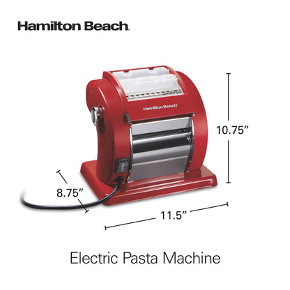 Hamilton Beach Electric Pasta Maker & Noodle Machine with 9 Adjustable Thickness Settings, Includes Spaghetti & Fettucine Cutter, Cutting Wheel, Cleaning Brush, Red