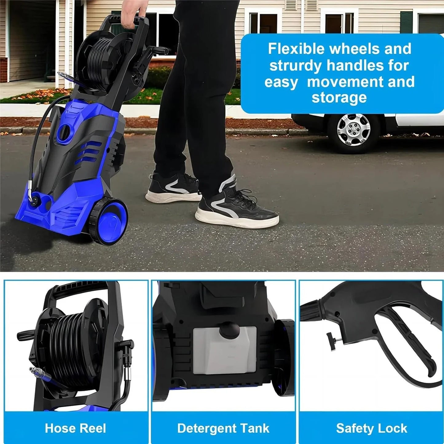 Electric Pressure Washer, 3800PSI 2.6 GPM Power Washer with 5 Quick Connect Nozzles, High Pressure Cleaning Machine with Foam Cannon for Cars, Fences, Patios, Decks, Patios and Driveway(Blue)