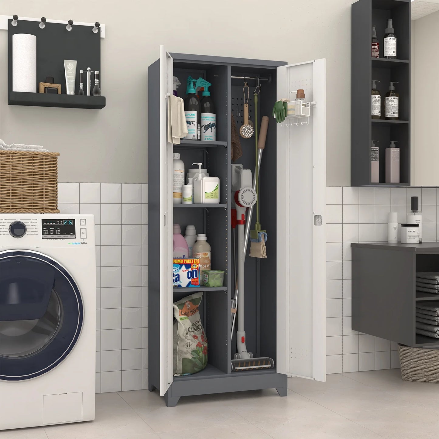 Marcree Broom Closet Storage Cabinet with Lock,65" Tall Garage Storage Cabinet with Hanging Rod,Multifunctional Garage Storage Broom Closet with Doors,Cleaning Tool Cabinet