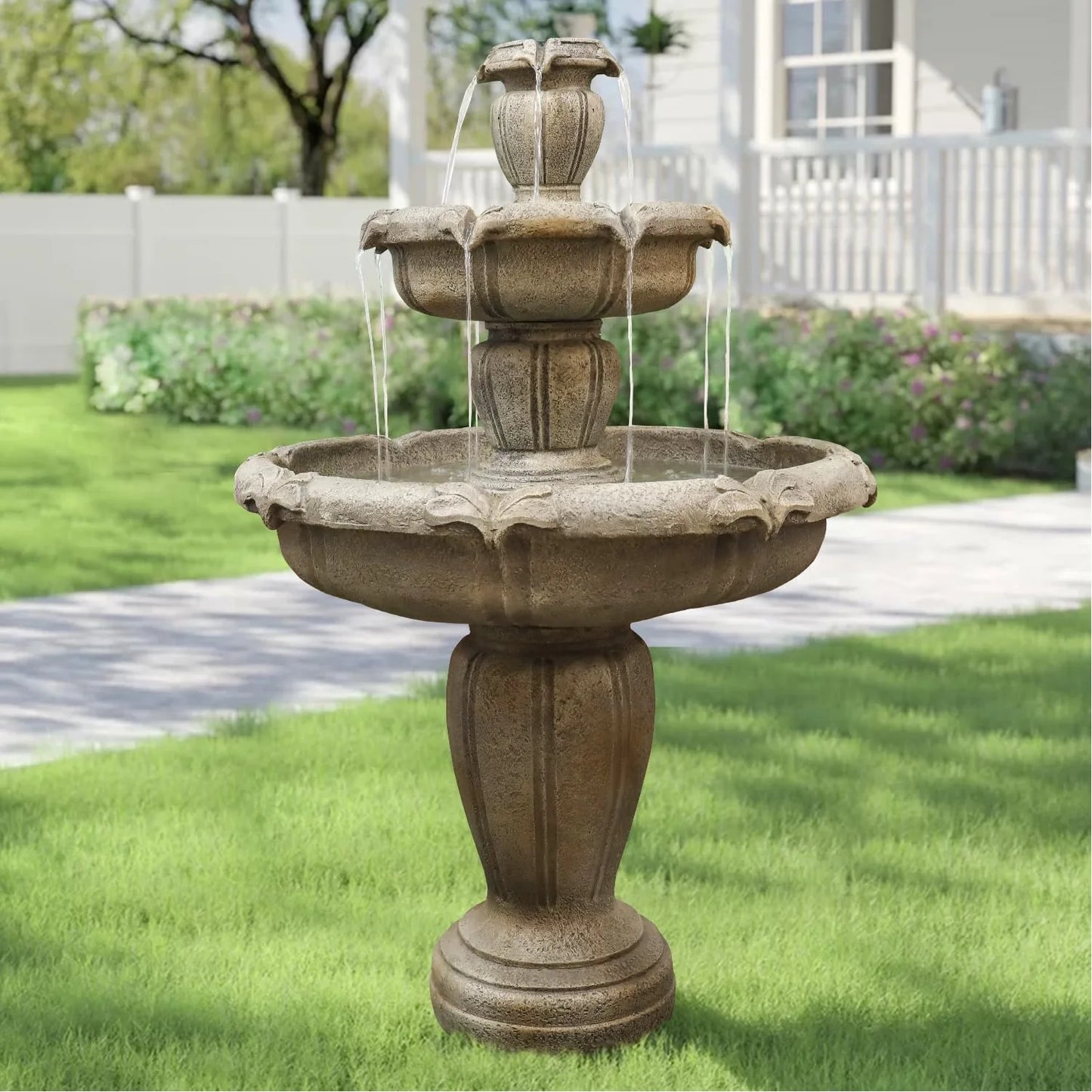 48�?H Outdoor Floor Water Fountain, 3-Tiers Concrete Water Fountain with Submersible Electric Pump - Garden Cascading Waterfall for Yard Patio Lawn Home Decor