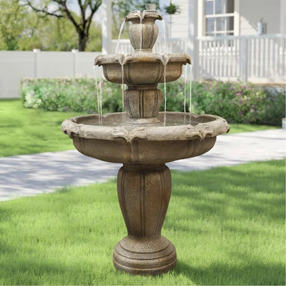 48�?H Outdoor Floor Water Fountain, 3-Tiers Concrete Water Fountain with Submersible Electric Pump - Garden Cascading Waterfall for Yard Patio Lawn Home Decor