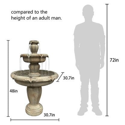48�?H Outdoor Floor Water Fountain, 3-Tiers Concrete Water Fountain with Submersible Electric Pump - Garden Cascading Waterfall for Yard Patio Lawn Home Decor