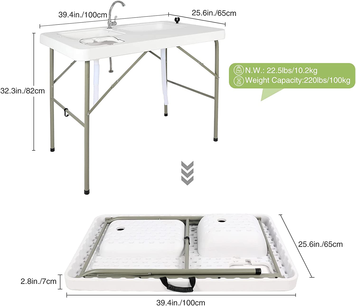 Folding Fish Cleaning Table, Outdoor Camping Sink Station with Sink & Faucet Drainage Hoses, Portable Camping Sink Table for Beach Fishing Patio Picnic