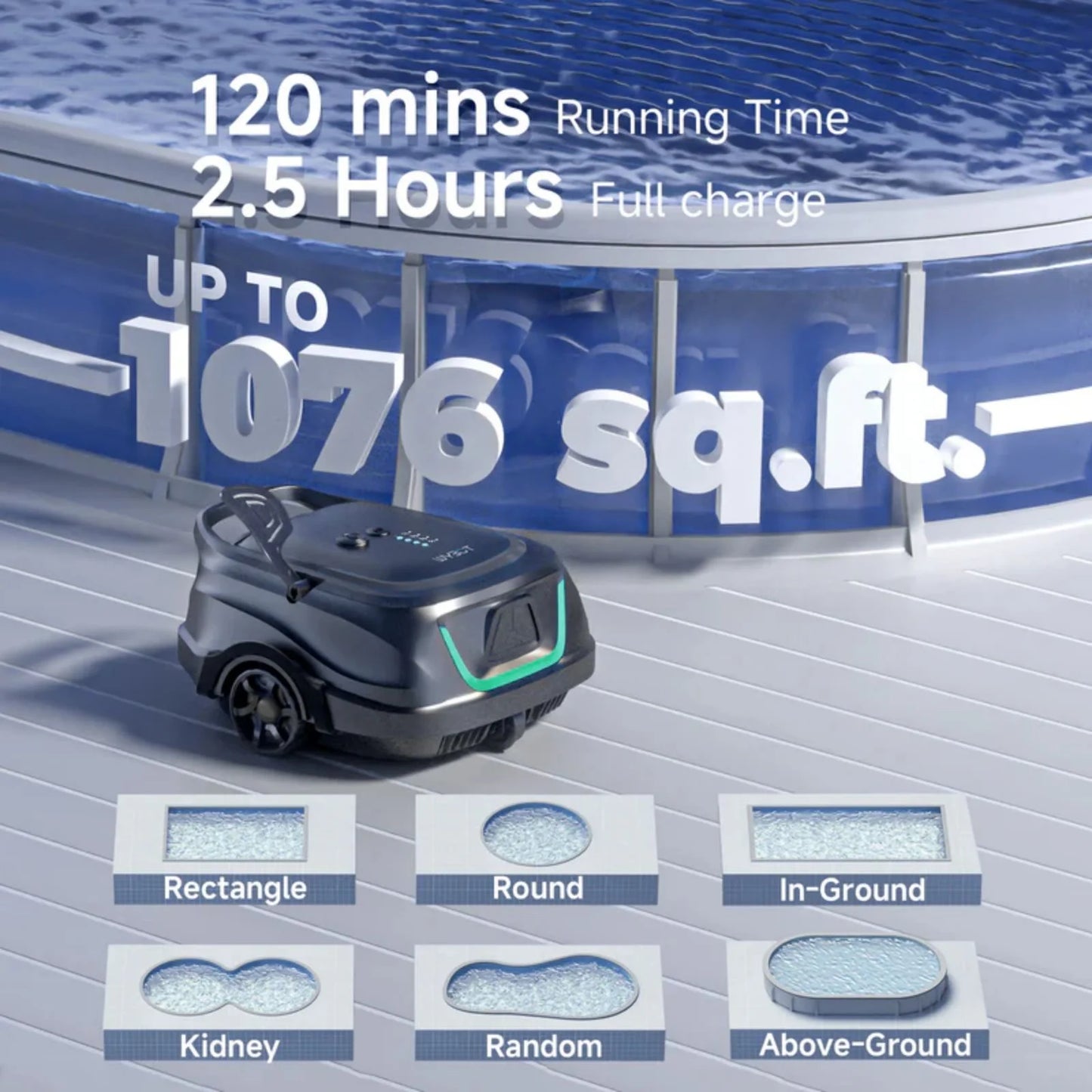 2025 New Upgraded WYBOT A1 Cordless Robotic Pool Vacuum Cleaner - Floor-Only Cleaning for Above Ground Flat-Bottom Pools (Up to 1,076 sq. ft), 120-Min Runtime, Black Green