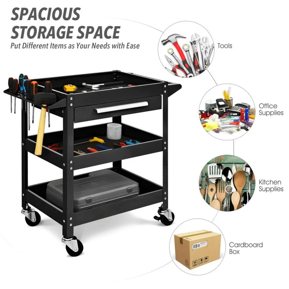 Spaco Rolling Tool Cart Mechanic Cabinet Storage ToolBox Organizer with Drawer-Black, Utility Cart on Wheels for Warehouse Garage Cleaning Office