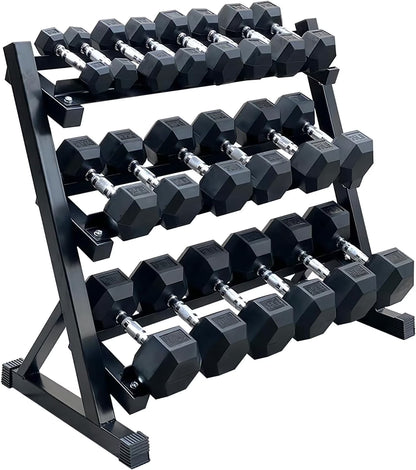 350 lbs Hex Dumbbell Set with Rack, 5-50 lbs Pairs - Rubber Coated Iron Weights for Home Gym, Strength Training & Muscle Building