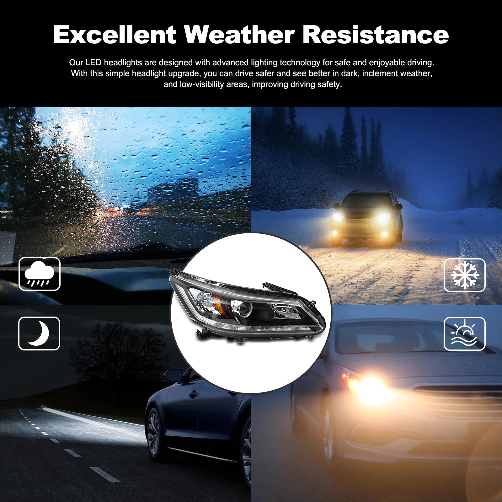 Headlight Assembly Compatible with 2013-2015 Honda Accord 4-Door Sedan Halogen Headlamp Replacement - Left Driver&Right Passenger Side