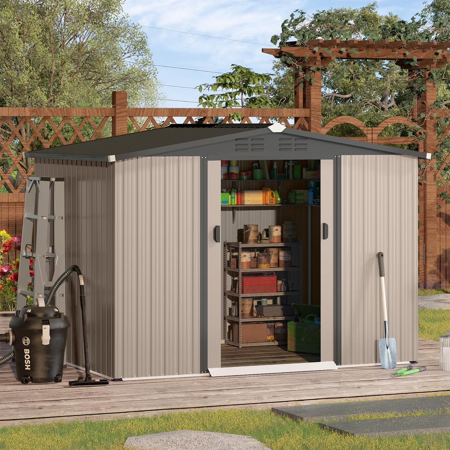 U-MAX 8 x 6 ft. Wood Grain Outdoor Metal Storage Shed with Lockable Door Patio Garden Storage Building for Outside
