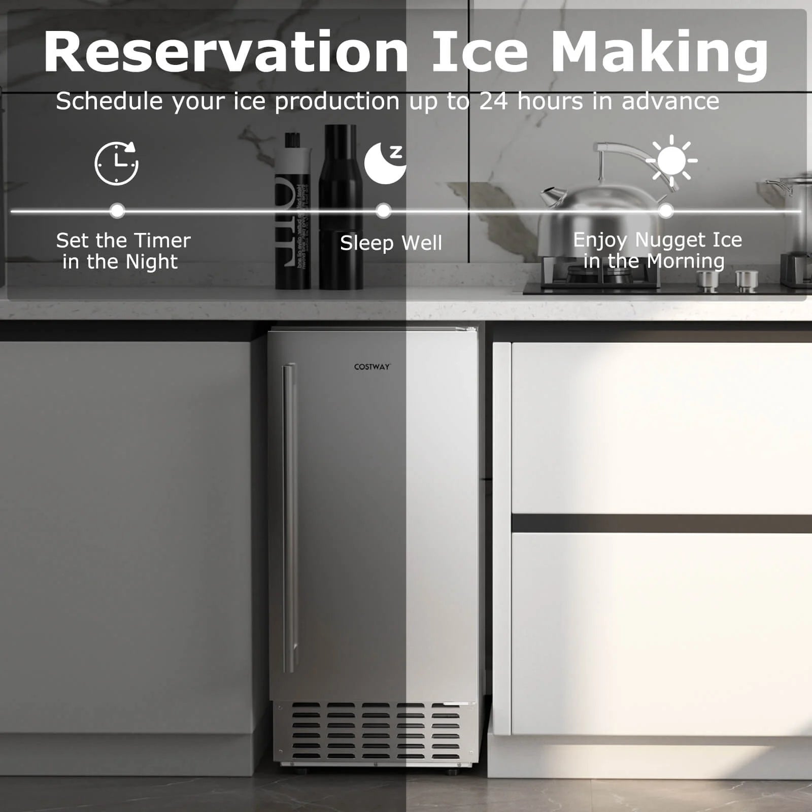 Costway Under Counter Nugget Ice Maker with Self-Cleaning 80 lbs/Day 24H Timer LCD Control