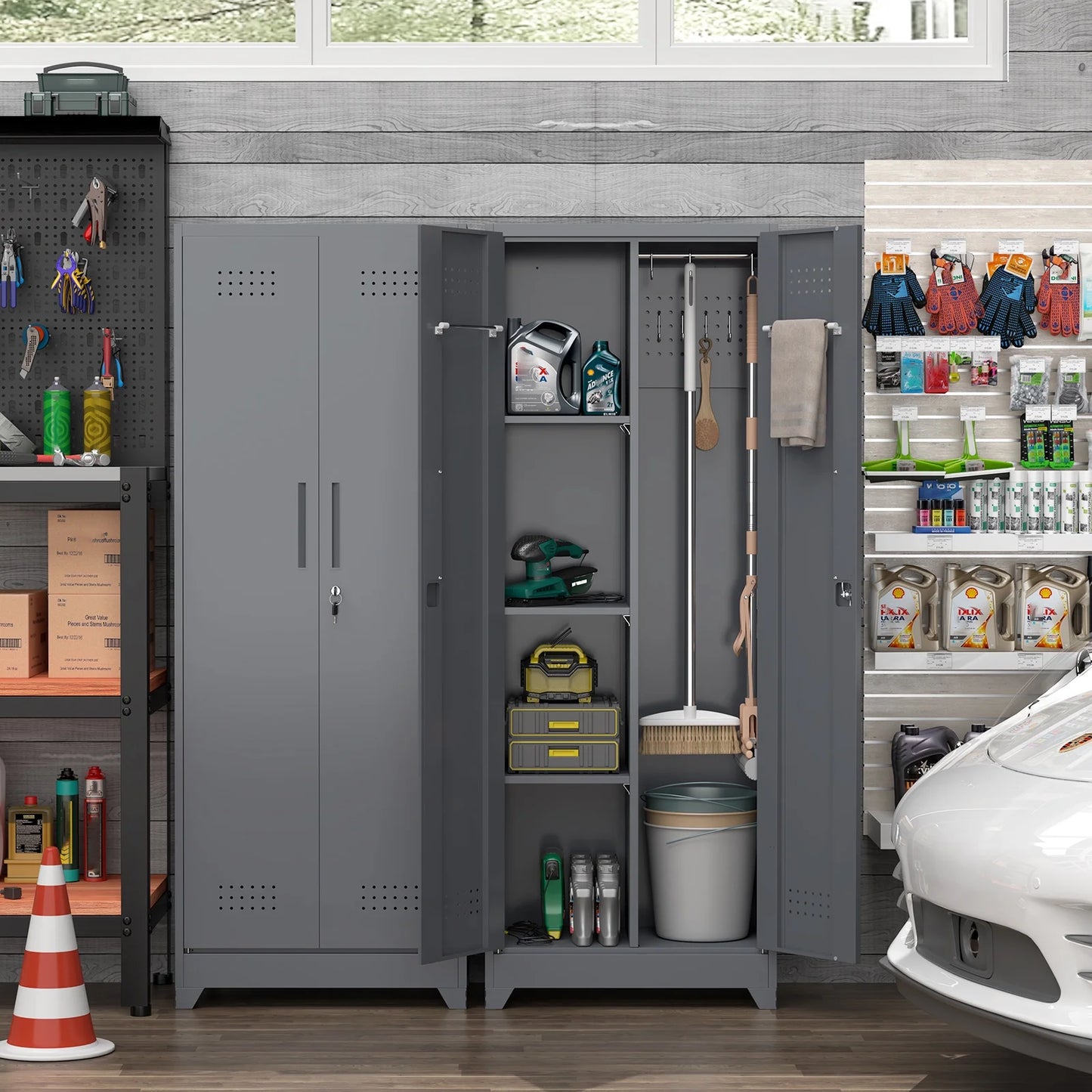 Marcree Broom Closet Storage Cabinet with Lock,65" Tall Garage Storage Cabinet with Hanging Rod,Multifunctional Garage Storage Broom Closet with Doors,Cleaning Tool Cabinet