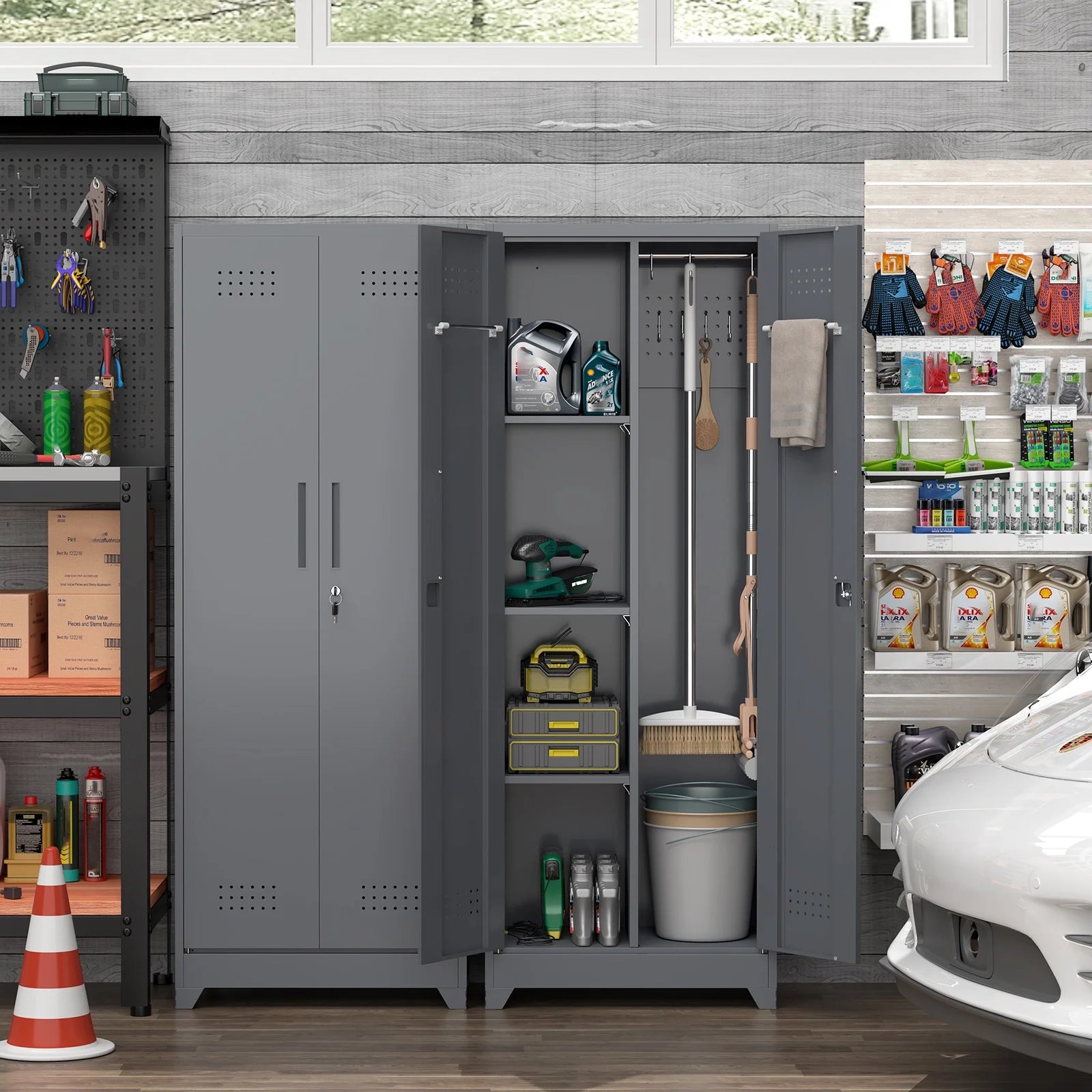 Marcree Broom Closet Storage Cabinet with Lock,65" Tall Garage Storage Cabinet with Hanging Rod,Multifunctional Garage Storage Broom Closet with Doors,Cleaning Tool Cabinet
