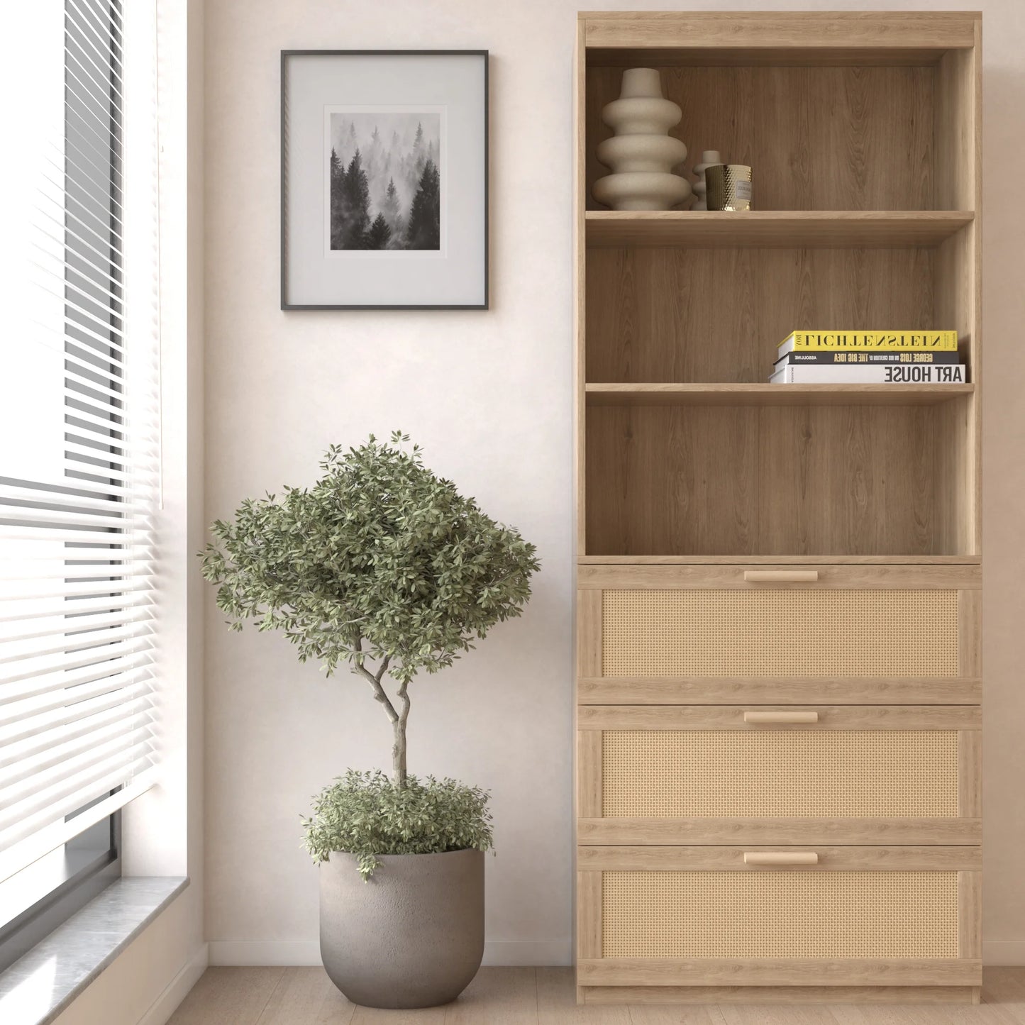 Zimtown Rattan 5-Shelf Bookcase with Drawer, 3 Tier Open Bookshelf with Storage Cabinet, Home Decor Furniture for Home Office, Living Room, Bedroom