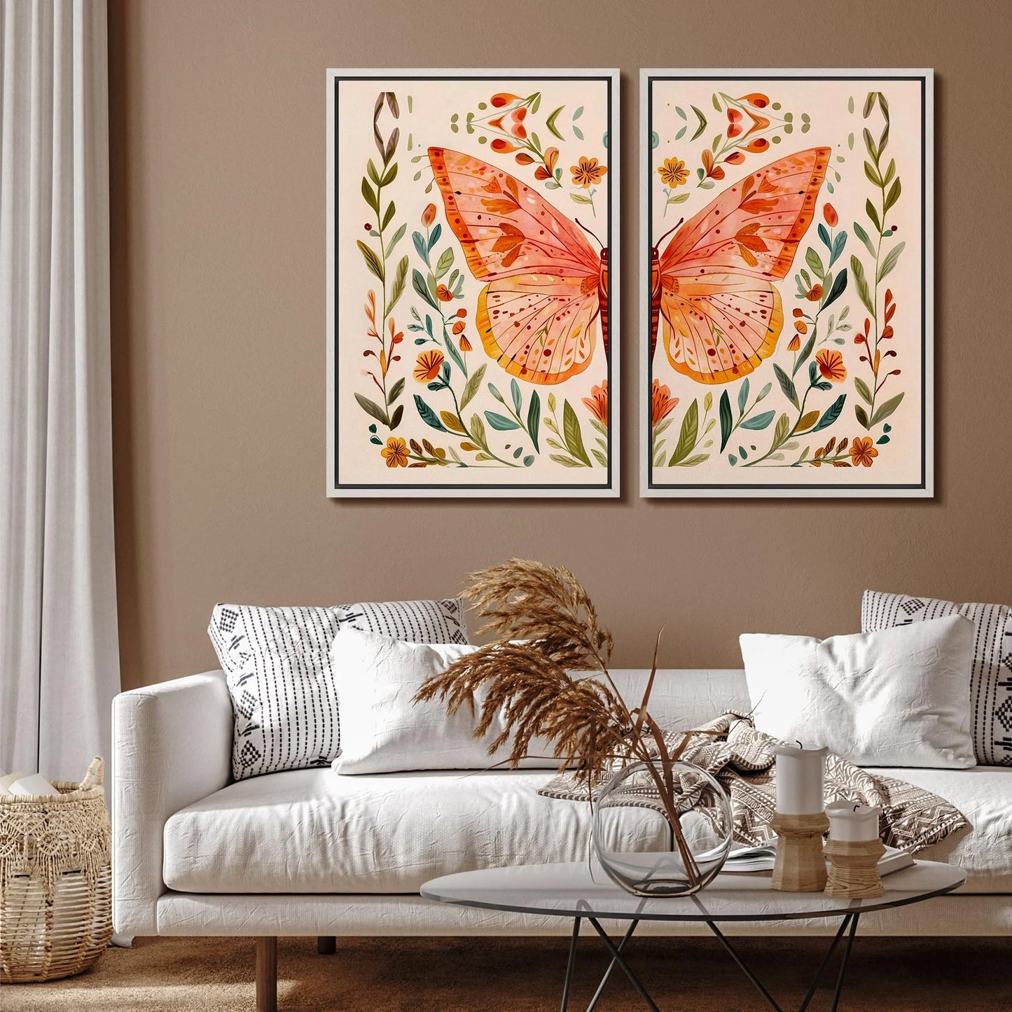 IDEA4WALL Framed Canvas Print Wall Art Set Whimsical Butterfly and Florals Illustration Abstract Botanical Boho Modern Art Wall Decor Colorful Chic Artwork for Home Decor - Natural 24"x36"x2