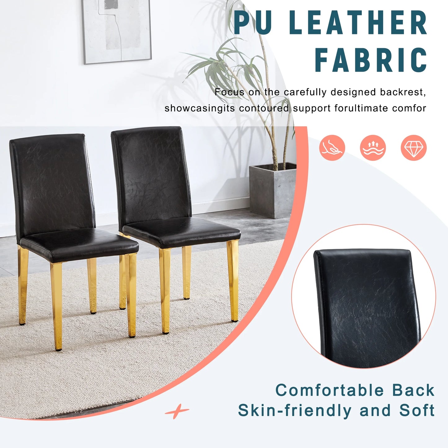Set of 4 black PU leather backrest chairs with gold metal legs -A perfect pairing, ideal for minimalist and modern home decor styles, with product dimensions of 16.2*18.5*34.6 inches.