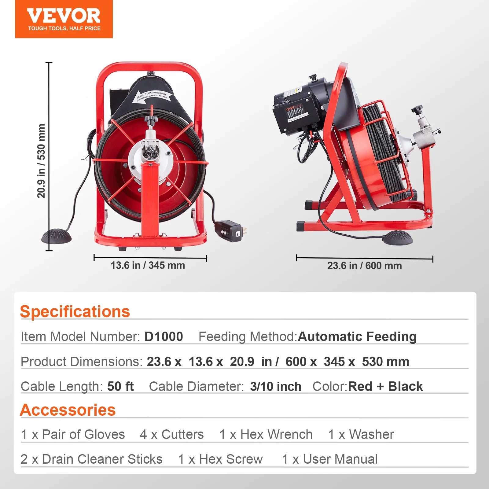 VEVOR Drain Cleaner Machine 50FT x 3/10 Inch, Auto Feed Sewer Snake Auger, Electric Drain Cleaning Machine with 4 Cutters & Air-activated Foot Switch for 2" to 4" Pipes