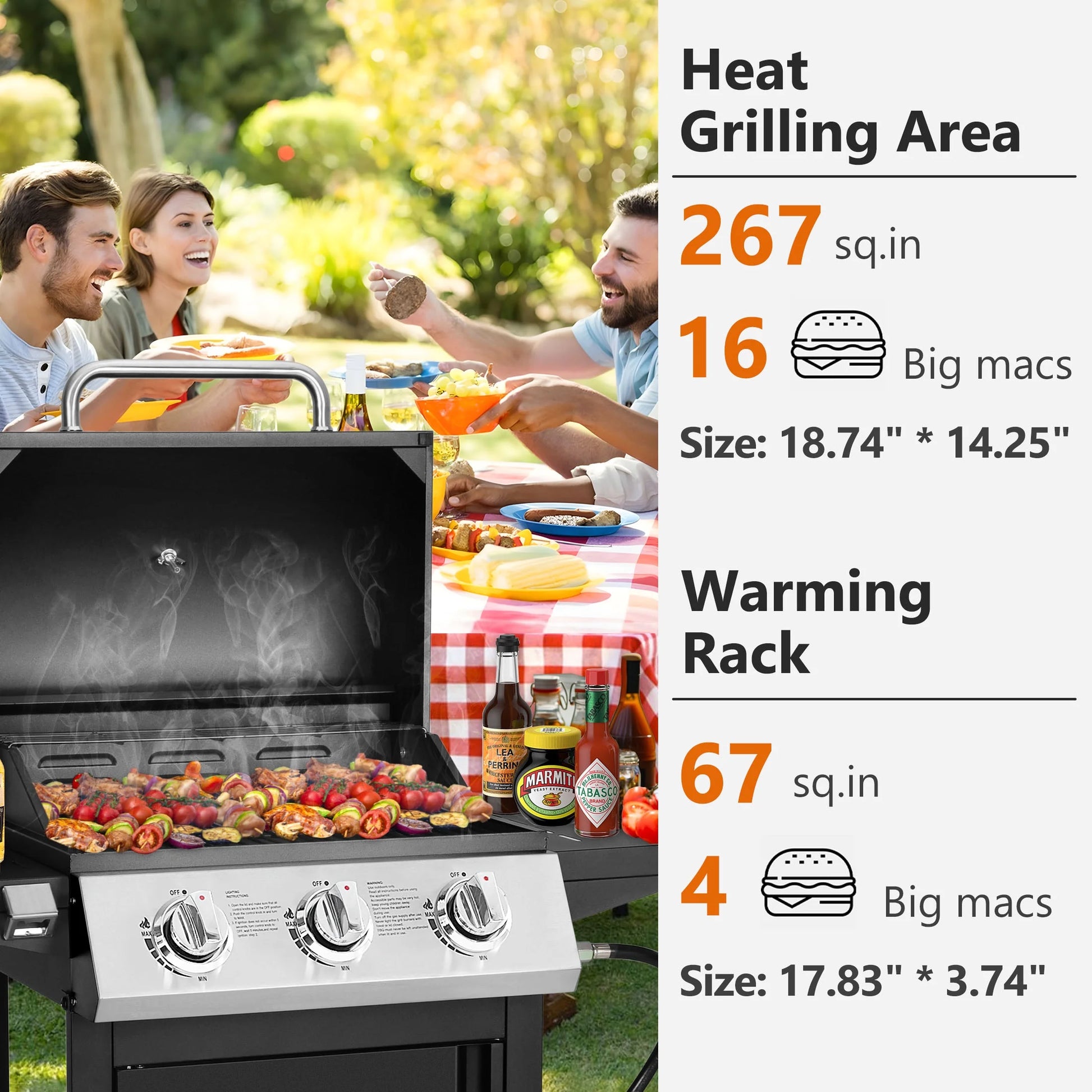 SEGMART 4 Burner BBQ Propane Gas Grill, Stainless Steel 40,000 BTU Patio Garden Barbecue Grill with Folding Side Tables, Cleaning Brush & Thermometer, Perfect for Camping, Outdoor Cooking