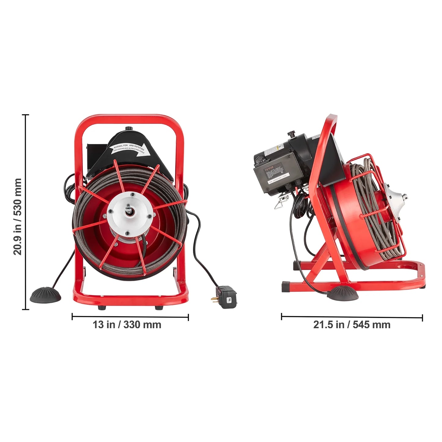 VEVOR Drain Cleaner Machine 50FT x 3/8 Inch, Sewer Snake Auger Manual Feed, 250W Electric Drain Cleaning Machine with 4 Cutters & Air-activated Foot Switch for 2" to 4" Pipes