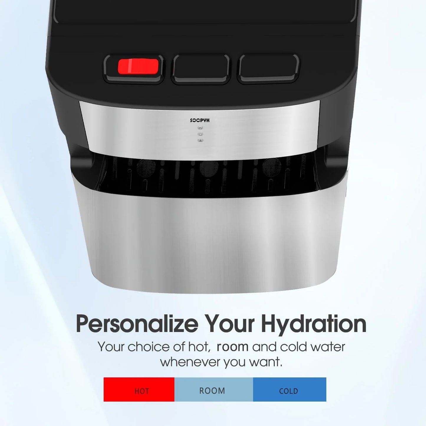 SOOPYK UV Self Cleaning Bottom Loading Water Cooler Dispenser for 5 Gallon Bottles 3 Temperatures, Child Safety Lock, LED Display with Empty Bottle Alert, Stainless Steel