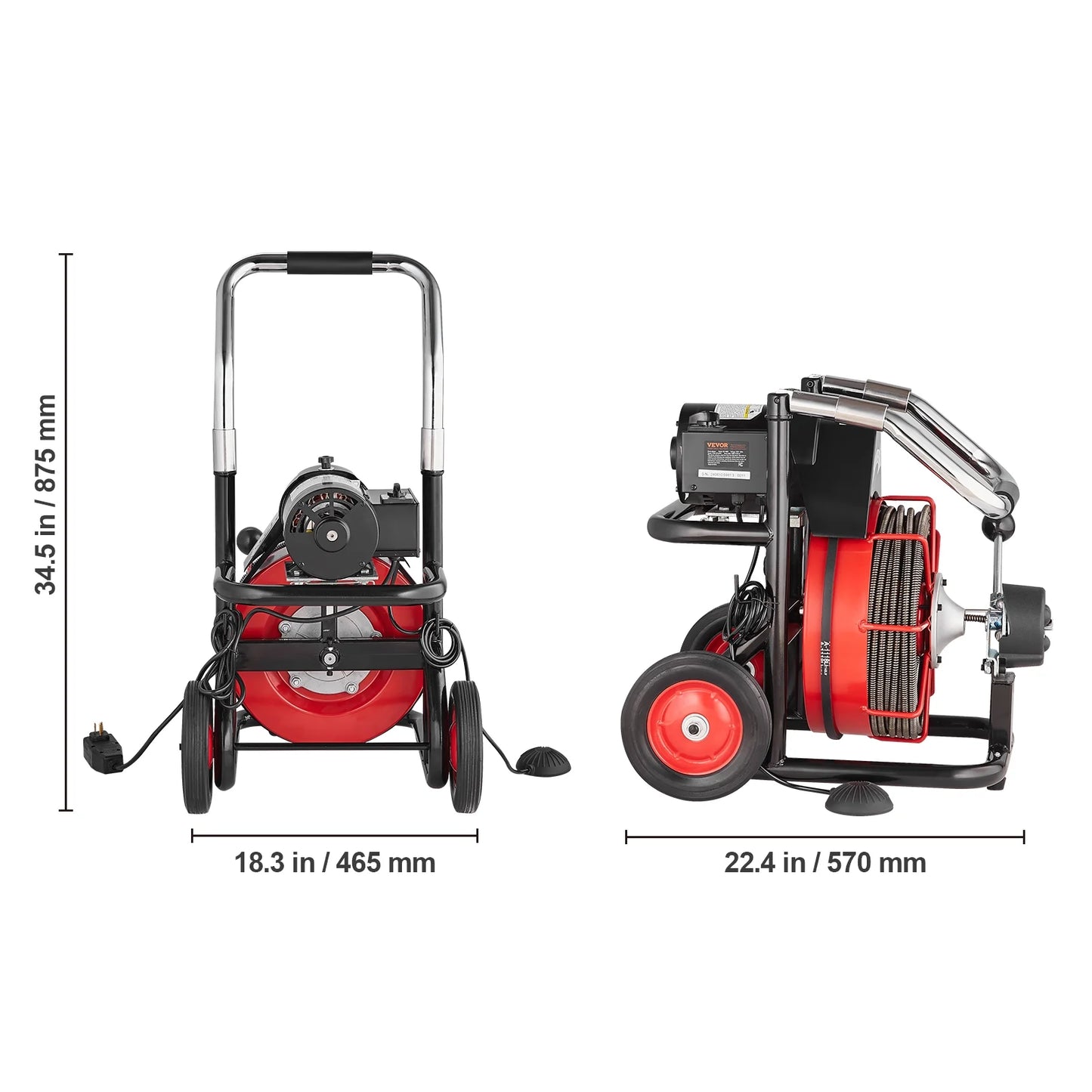 VEVOR Drain Cleaner Machine 100FT x 3/8 Inch, Auto Feed Sewer Snake Auger on Wheels, 370W Portable Drain Cleaning Machine with 8 Cutters & Air-activated Foot Switch for 2" to 4" Pipes