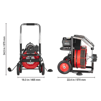 VEVOR Drain Cleaner Machine 100FT x 3/8 Inch, Auto Feed Sewer Snake Auger on Wheels, 370W Portable Drain Cleaning Machine with 8 Cutters & Air-activated Foot Switch for 2" to 4" Pipes