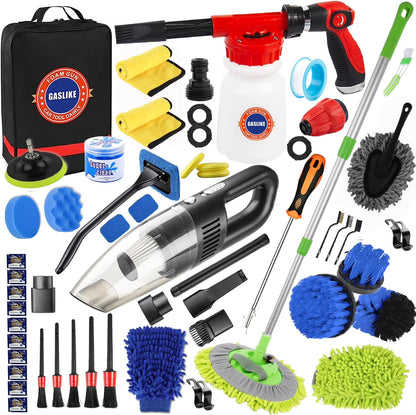 63PCS Car Wash Cleaning Kit,Car Wash Brush with Long Handle,Car Detailing Kit with Foam Gun,Car Cleaning Supplies,Handheld Vacuum, Car Detailing Kit (63PCS)