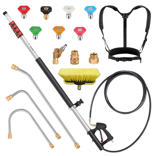 24 FT Gutter Cleaning Tools from The Ground - Telescoping Pressure Washer Wand - Gutter Cleaner Attachment with Power Washer Extension Wands, Brush, 7 Spray Nozzle Tips, 2 Hose Adapters, Support Belt
