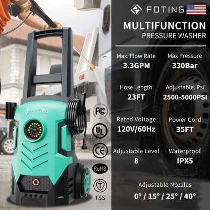 2025upgraded Electric Pressure Washer with Touch Screen, 5000PSI Max 3.3GPM��Adjustable 8 Level,4 Quick Connect Nozzles, Inlet Hose & Filter& Foam Cannon for Cars/Fences/Driveways/Home Cleaning