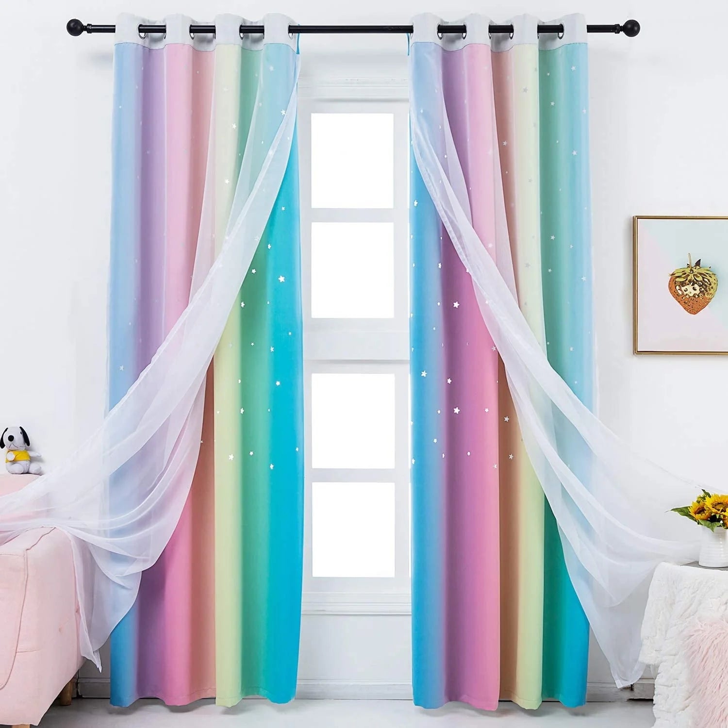 Anjee 2 Panels Blackout Stars Curtains for Girls Bedroom, Colorful Double Layer Rainbow Window Wall Home Decoration Curtains,52 x 63 Inches,Multicolor