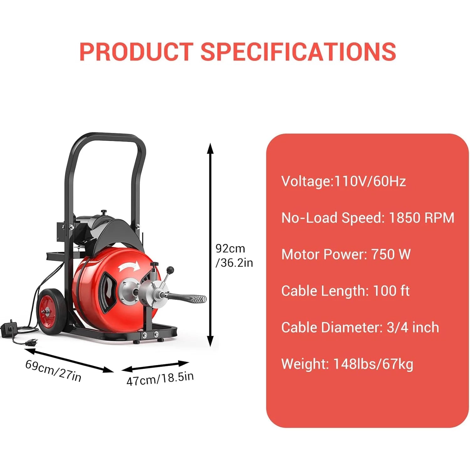 Roromall 75FT 100FT Electric Drain Cleaning Machine with 1/2-inch 3/4-inch Cable, 450W Auto Feed Portable Sewer Snake, Air-Activated Foot Switch, 4 Interchangeable Cutters for 2" to 4" Pipes