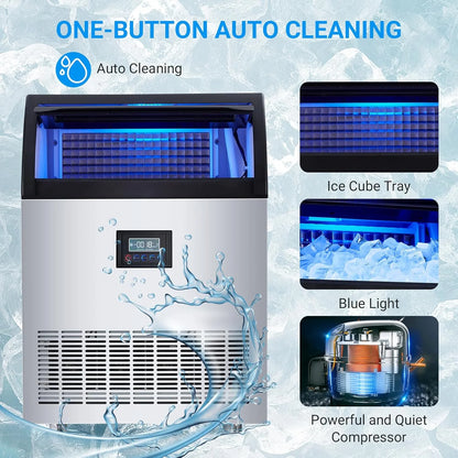 Heavy-Duty Commercial Ice Maker, 265 lbs/24H Production with 55 lbs Storage Capacity - Stainless Steel Under-Counter Ice Machine with Self-Cleaning Function and LCD Panel
