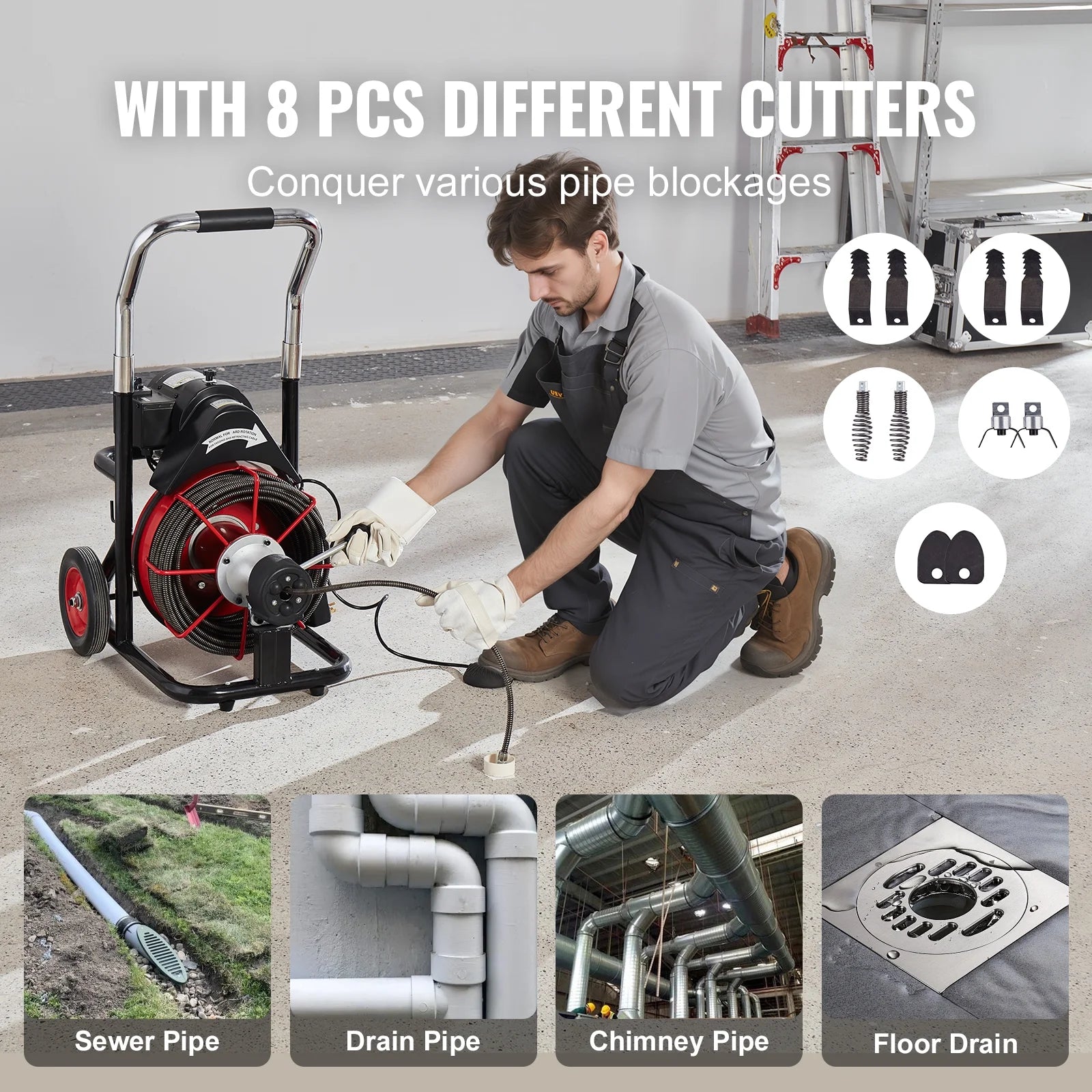 VEVOR Drain Cleaner Machine 100FT x 3/8 Inch, Auto Feed Sewer Snake Auger on Wheels, 370W Portable Drain Cleaning Machine with 8 Cutters & Air-activated Foot Switch for 2" to 4" Pipes