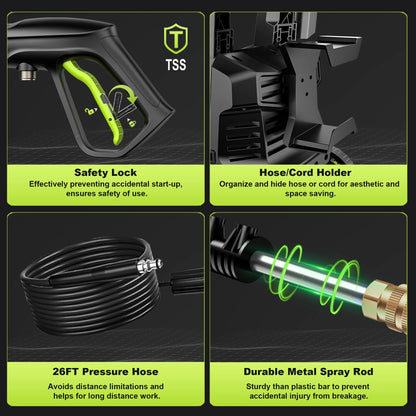 Gisam Electric High Pressure Washer, 4300 PSI 2.5 GPM, with 4 Quick Connect Nozzles, Foam Can, for Cars/ Fences/ Driveways/ Patios / Home Cleaning