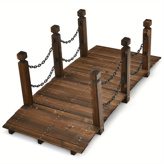 5ft Rustic Wooden Garden Bridge with Railings �C Sturdy Fir Footbridge, Weather-Resistant Outdoor Walkway for Weddings, Home Decor, and Gardens, Supports Up to 500 lbs, Natural Brown Finish