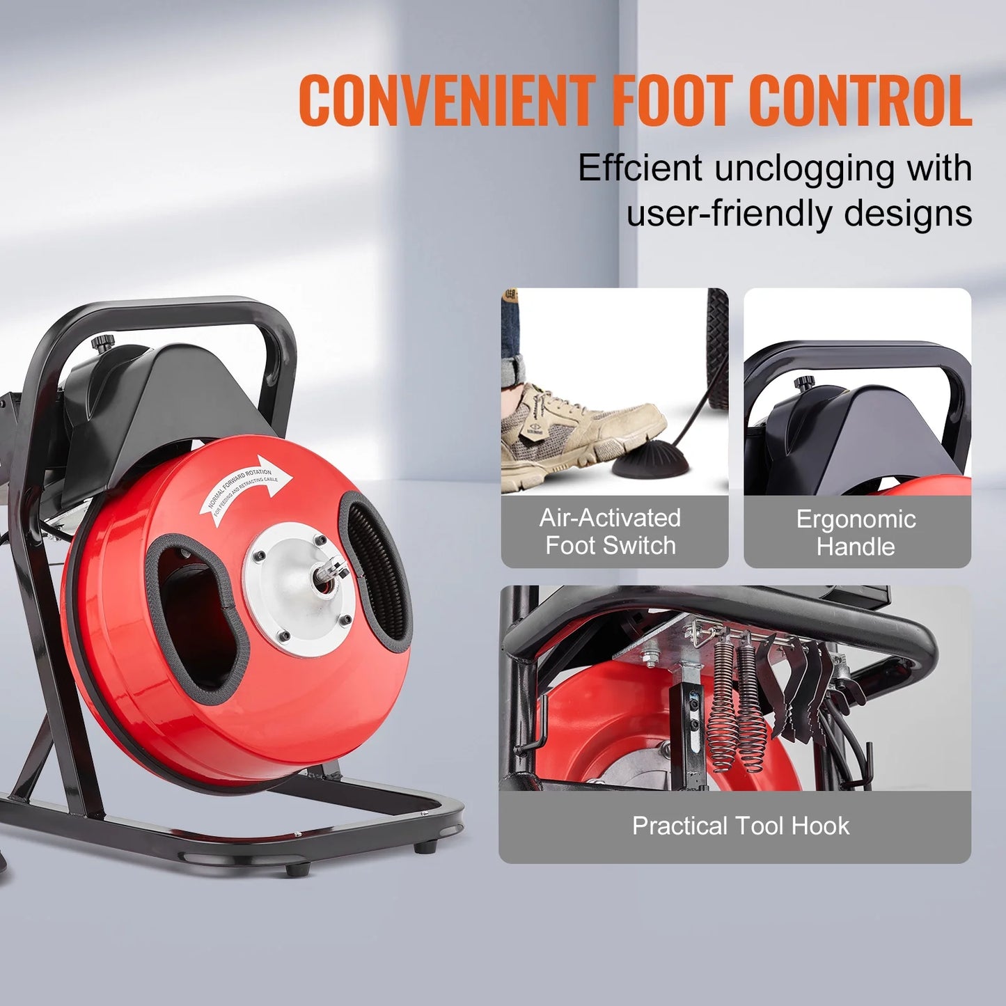 KFFKFF Sewer Line Cleaning Tool, 50FT x 1/2 Inch, Hand-Operated - Includes 4 Blades & Pneumatic Foot Pedal for 2"-4" Diameter Pipes