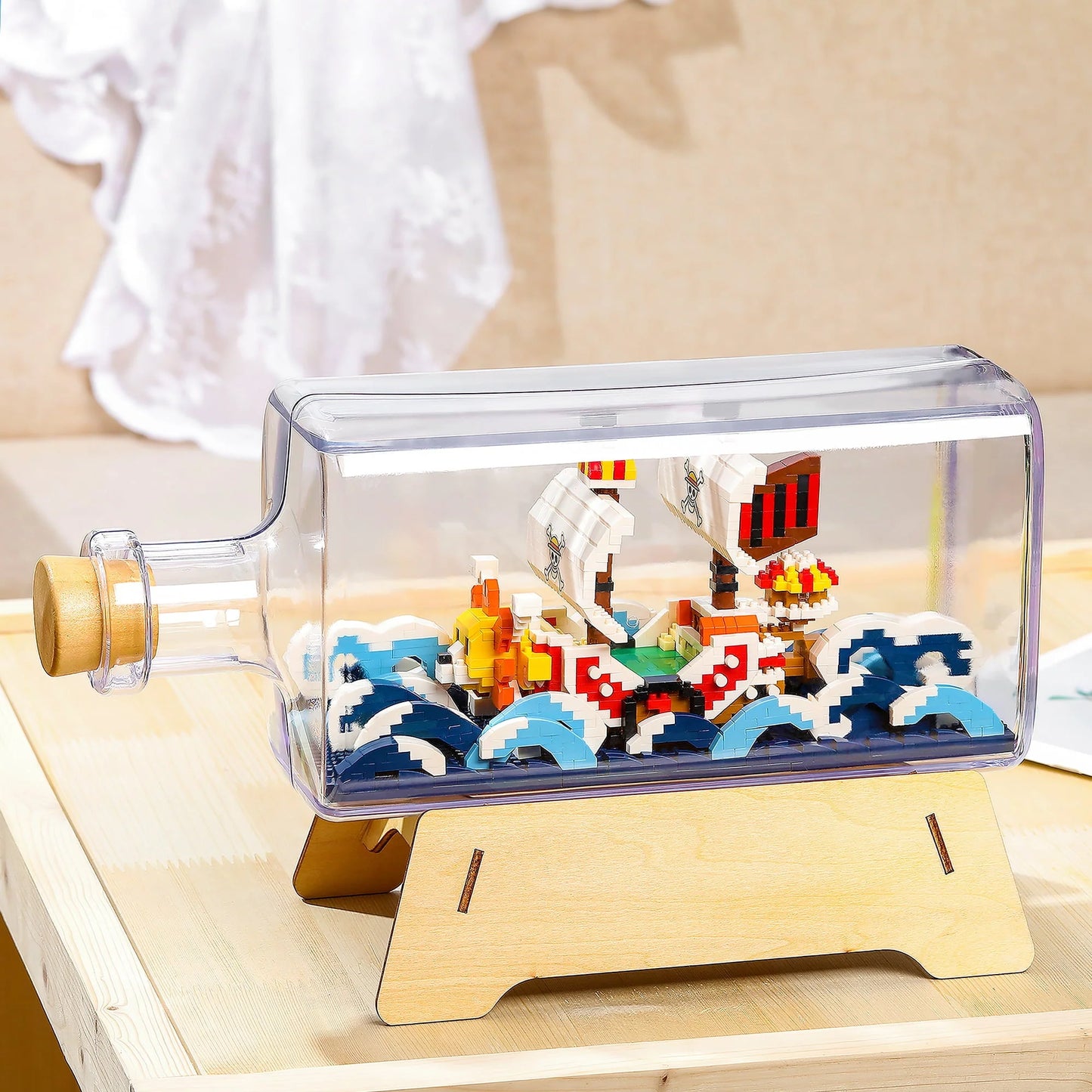 HI-Reeke Building Block Set One Piece Anime Ship in a Bottle Micro Brick Kit Thousand Sunny Toy