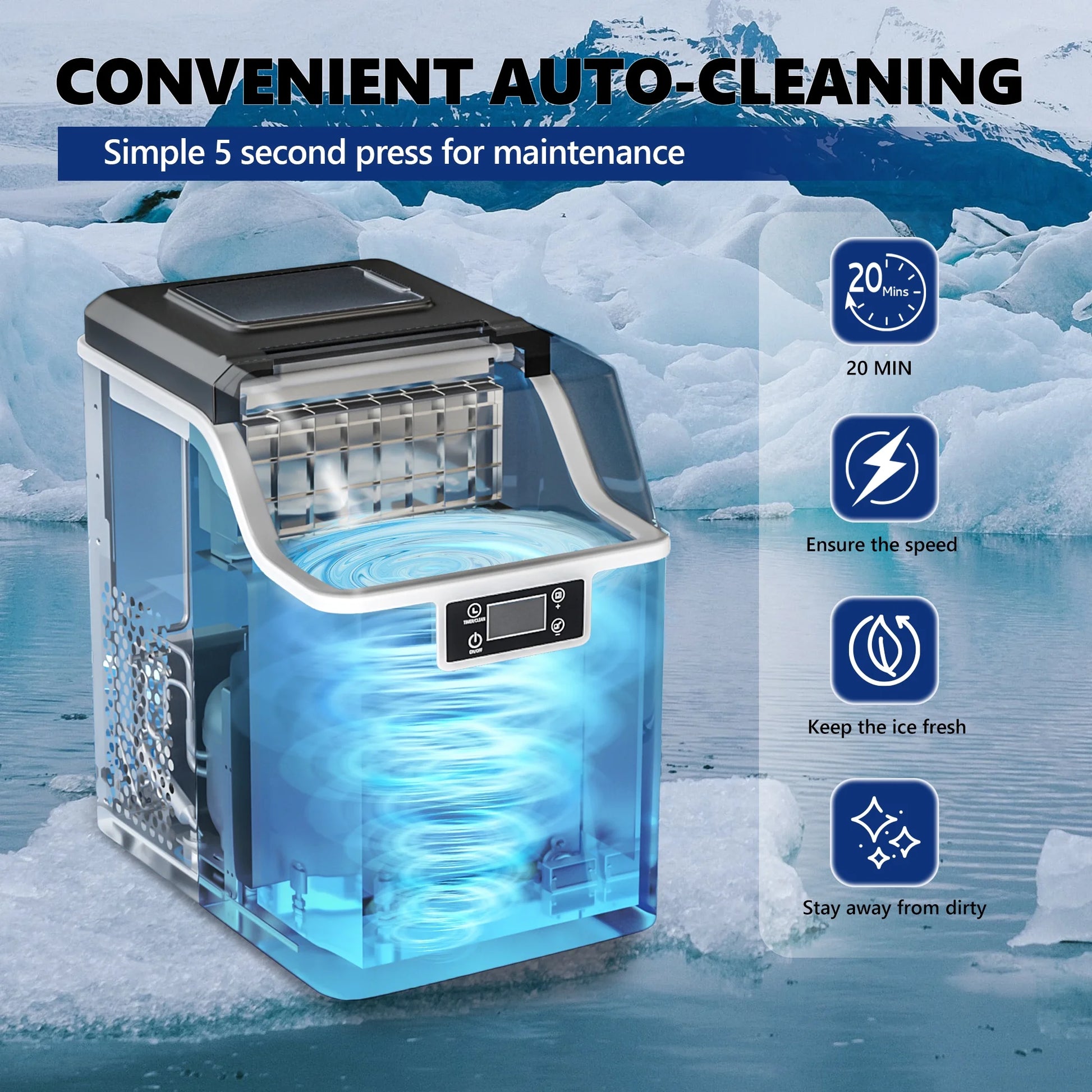 Simzlife Crescent Ice Makers Countertop, 35.9Lbs/24H, 16Pcs in 12Mins, Auto Deep Cleaning, Timer, Portable Crescent Ice Maker Countertop with Crystal-Clear Ice Cubes for Home/Office/Party