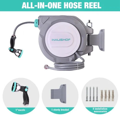 HAUSHOF 1/2" x 100 ft Retractable Garden Hose Reel with Automatic Rewind, 10-Pattern Spray Nozzle, Durable High-Pressure Hose, and 180�� Swivel Bracket �C Perfect for Watering Gardens, Cleaning Patios