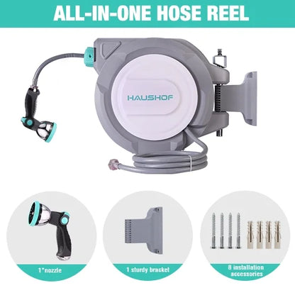 HAUSHOF 1/2" x 100 ft Retractable Garden Hose Reel with Automatic Rewind, 10-Pattern Spray Nozzle, Durable High-Pressure Hose, and 180�� Swivel Bracket �C Perfect for Watering Gardens, Cleaning Patios