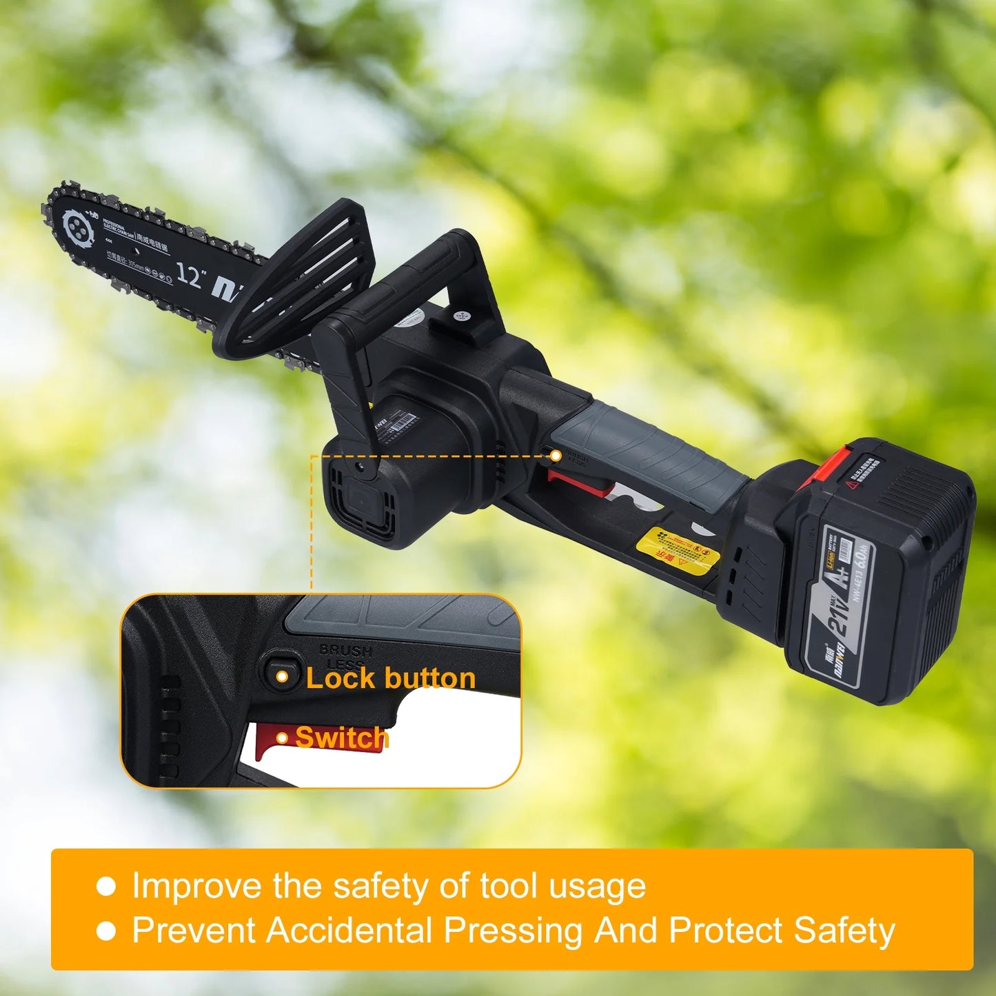 Wood 12inch Electric Chainsaw 2000W Brushless Chainsaw Handheld Logging Saw With Safety Lock 21V 6000mah Rechargeable Battery For Wood Cutting Trimming Courtyard Garden Building