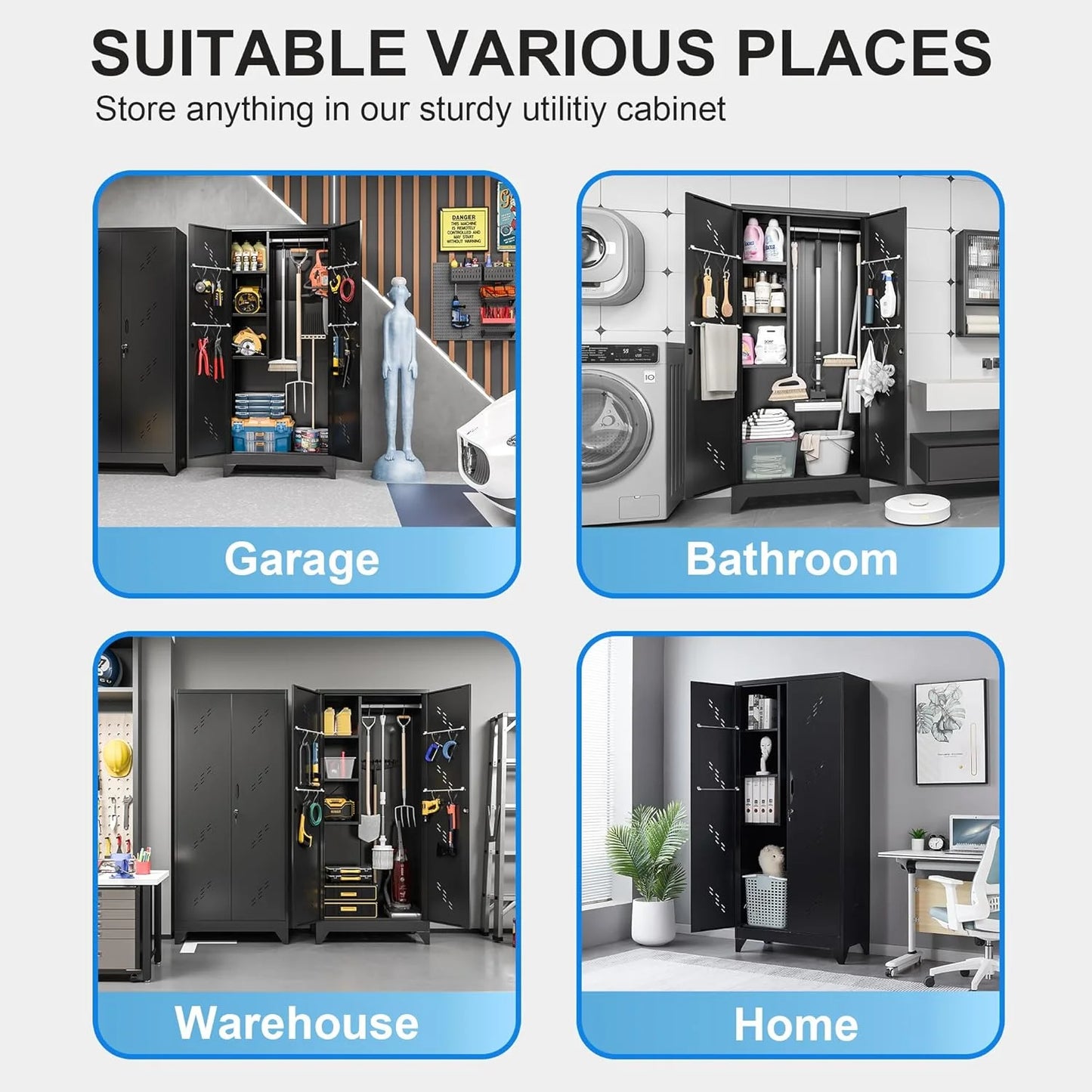 Metal Storage Cabinet with Locking Doors & Shelves, Outdoor Storage, Heavy Duty Cleaning Tool Organizer for Garage, Office, Warehouse
